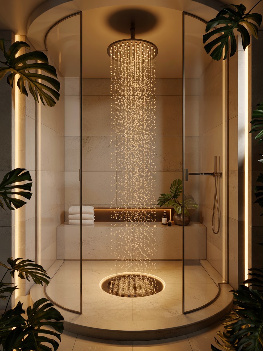 Luxury Spa Shower Design with Rainfall Showerhead and Ambient Lighting