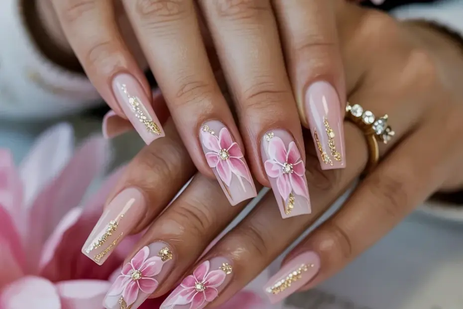 Pink and Gold Coffin Acrylic Nails with Floral Designs | Pretty Nail Art Ideas
