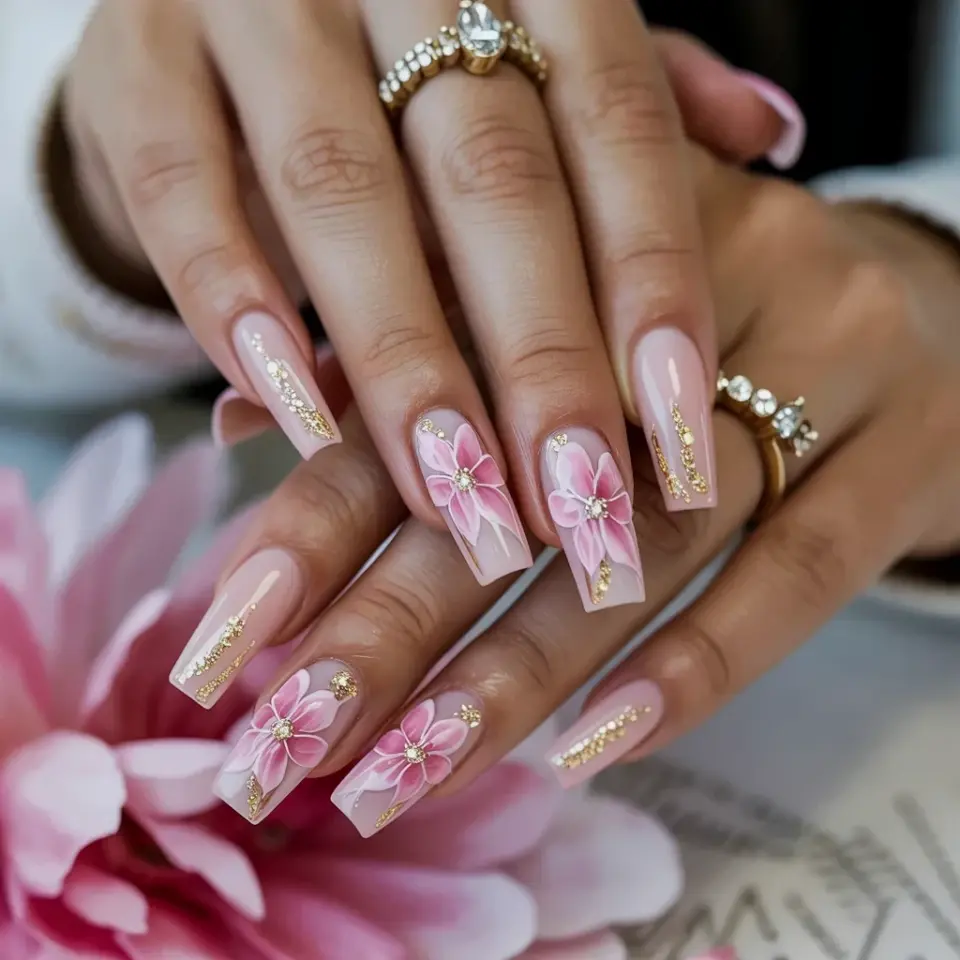 Pink and Gold Coffin Acrylic Nails with Floral Designs | Pretty Nail Art Ideas