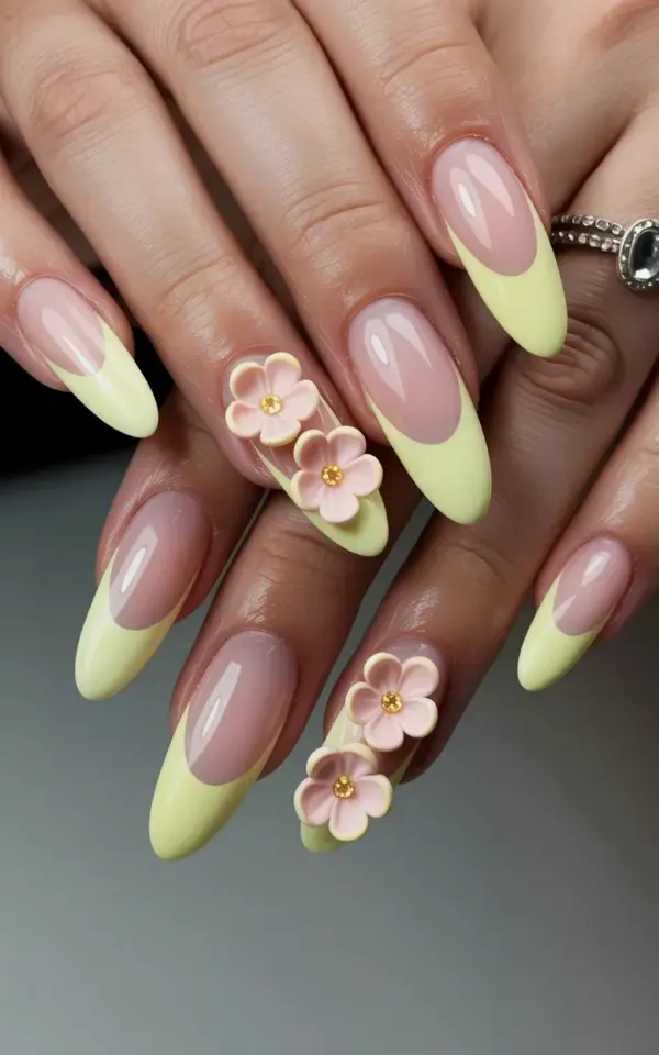 Spring Stiletto Acrylic Nails with 3D Flower Decorations for a Soft Bridal Look