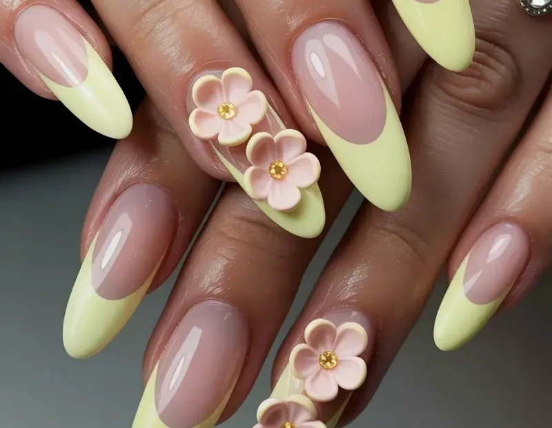 Spring Stiletto Acrylic Nails with 3D Flower Decorations for a Soft Bridal Look