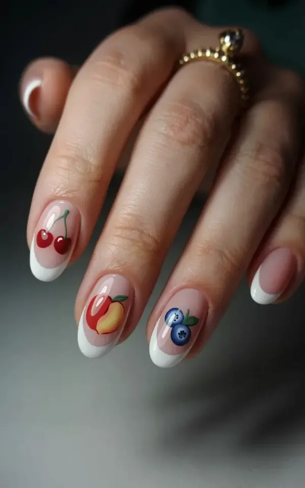 Cute Fruit French Tip Nails - Cherry, Peach & Blueberry Nail Art