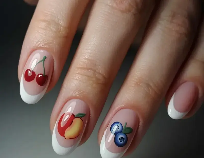 Cute Fruit French Tip Nails - Cherry, Peach & Blueberry Nail Art