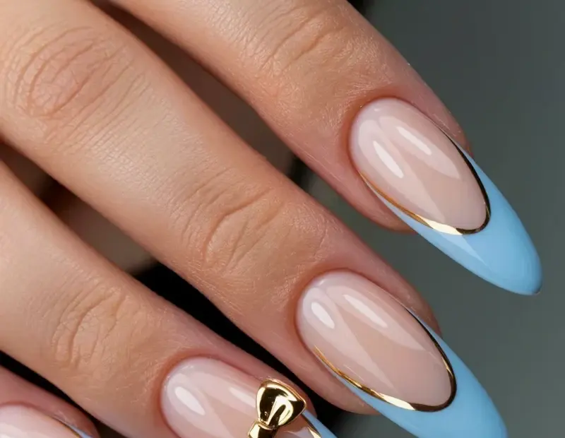 Before & After: Elegant Stiletto Nails with Powder Blue French Tips + Gold Bows ✨