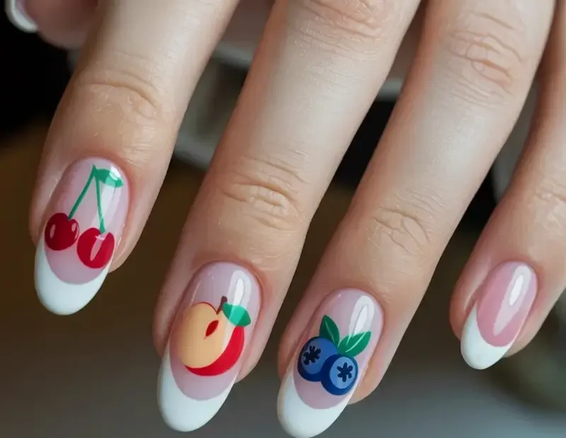 DIY Fruit Nail Art on a Budget - Cherry Peach Blueberry French Tips