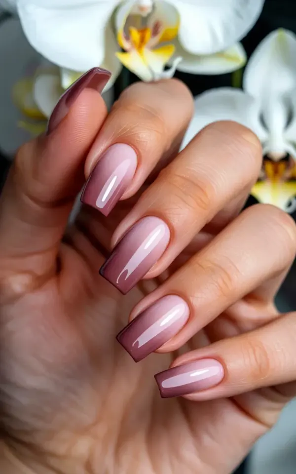 Nude Ombre Acrylic Nails: Coffin Shape with Mauve to Pink Gradient