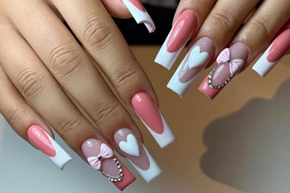 Long Coffin Acrylic Nails | Dusty Rose French Tips with Heart & Bow Nail Art