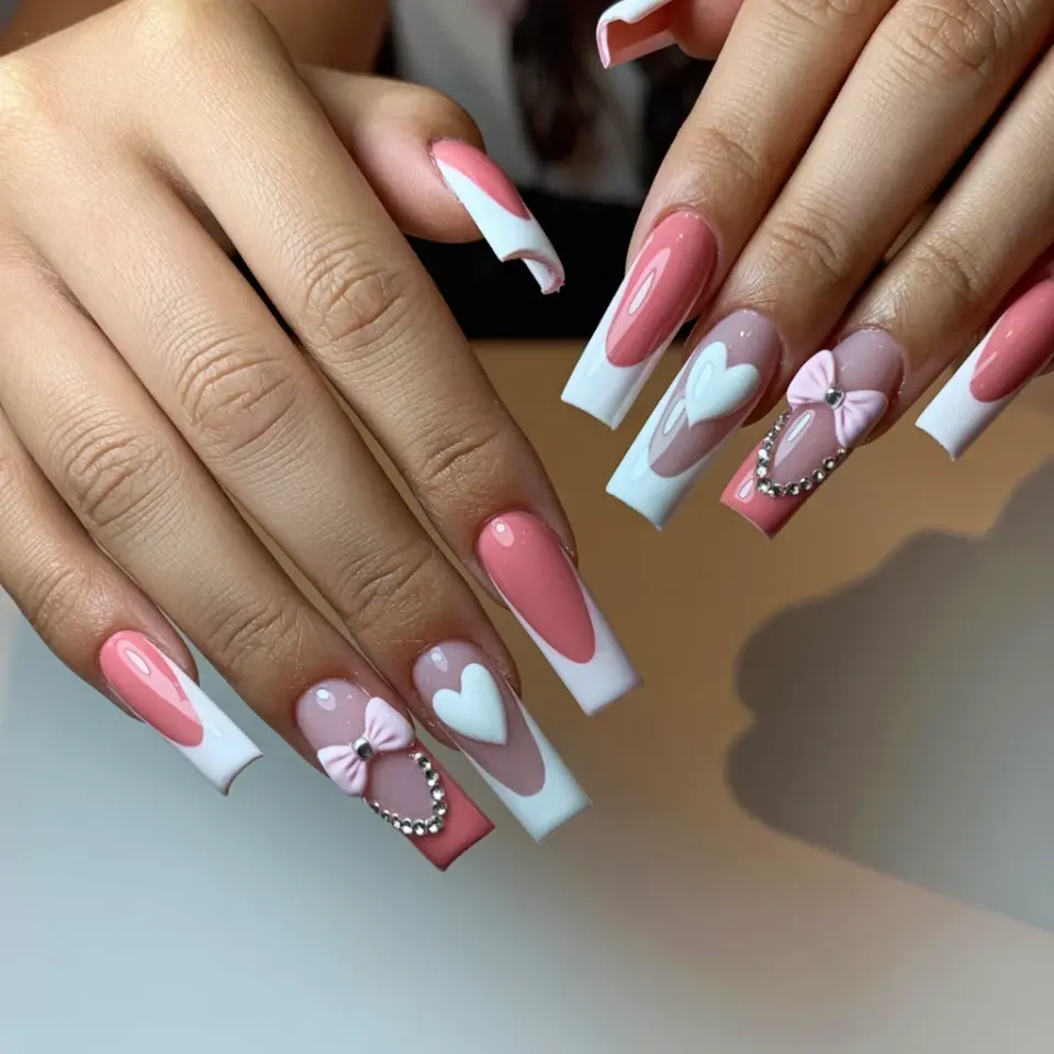 Long Coffin Acrylic Nails | Dusty Rose French Tips with Heart & Bow Nail Art