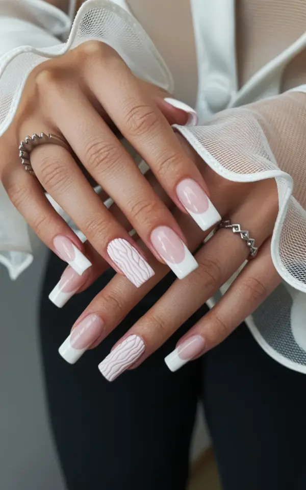 French manicure nails with marble texture | Coffin acrylic nail design inspiration