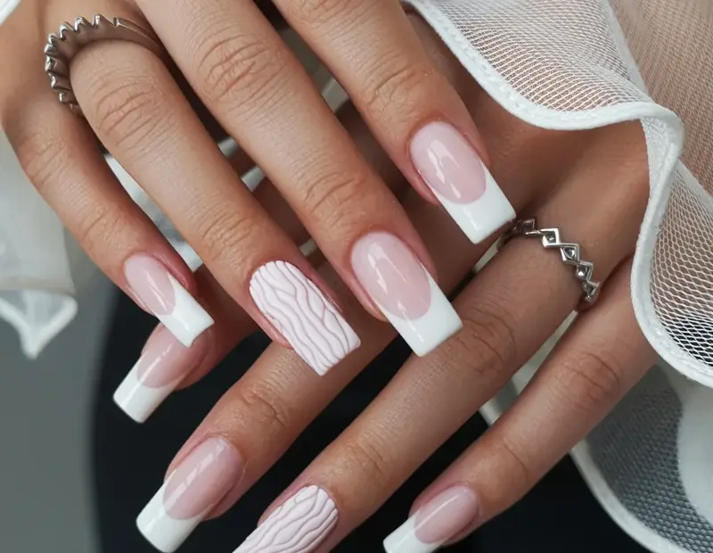 French manicure nails with marble texture | Coffin acrylic nail design inspiration