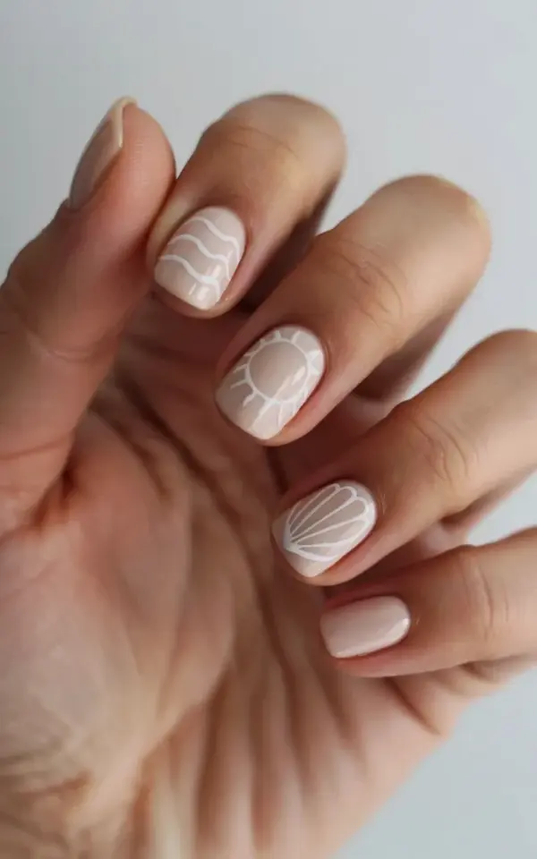 Minimalist Nail Art on a Budget β Nude Beige Nails with White Line Designs