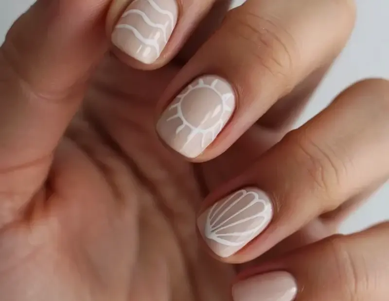 Minimalist Nail Art on a Budget β Nude Beige Nails with White Line Designs