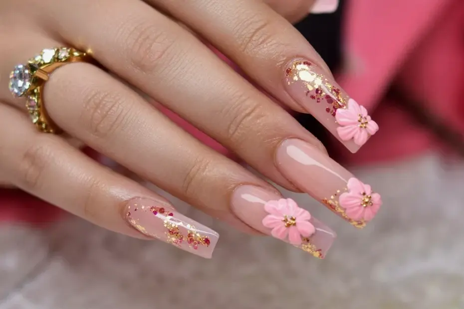 Pink and Gold Floral Coffin Nails for Spring | Acrylic Nail Art Ideas