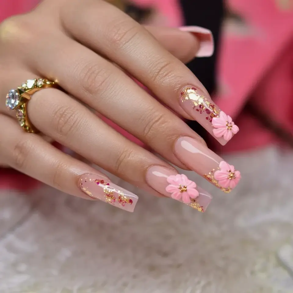 Pink and Gold Floral Coffin Nails for Spring | Acrylic Nail Art Ideas