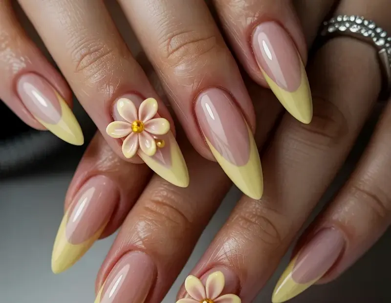 Stiletto Acrylic Nails with 3D Flower Gradient | Yellow to Pink Nail Art