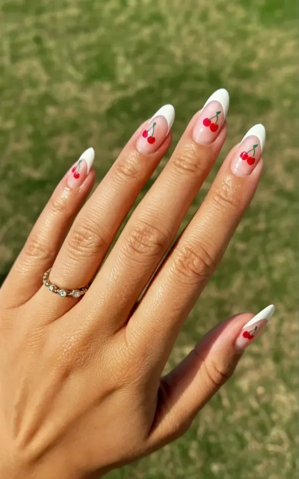 Cherry French Tip Almond Nails - Sweet Summer Manicure Idea