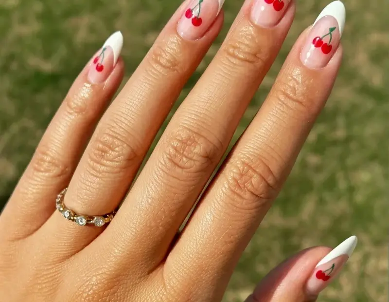 Cherry French Tip Almond Nails - Sweet Summer Manicure Idea
