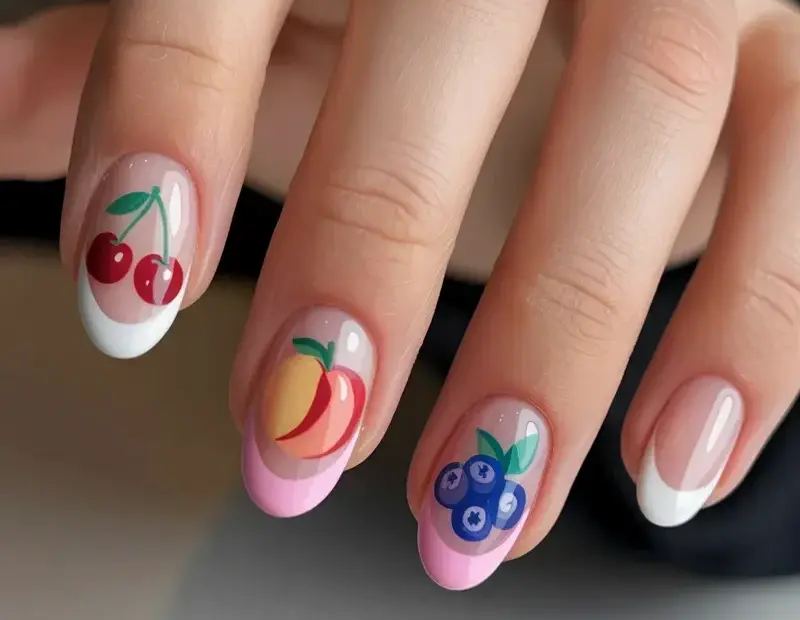 Fruit French Tip Acrylic Nails with Cherry, Peach & Blueberry Art