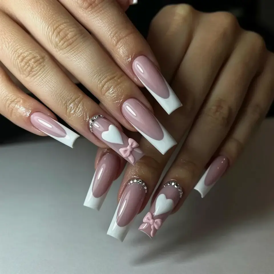 Avoid This Mistake with Coffin Acrylic Nails French Tip Hearts & Bows