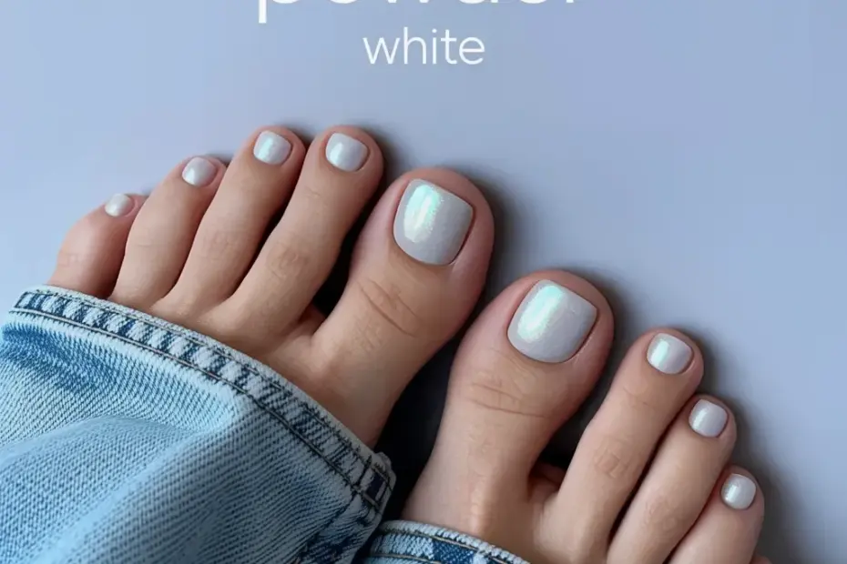 Powder White Pedicure for Spring with Square Toenails & Metallic Shimmer