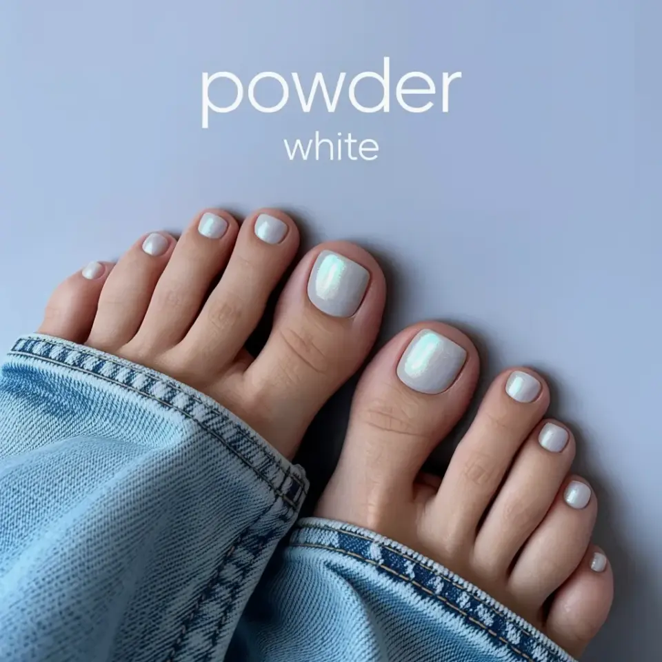 Powder White Pedicure for Spring with Square Toenails & Metallic Shimmer