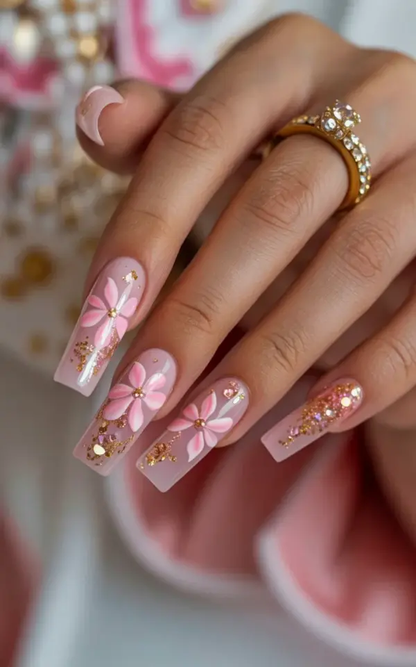 Coffin Acrylic Nails in Pink and Gold with Floral Design | Nail Inspo