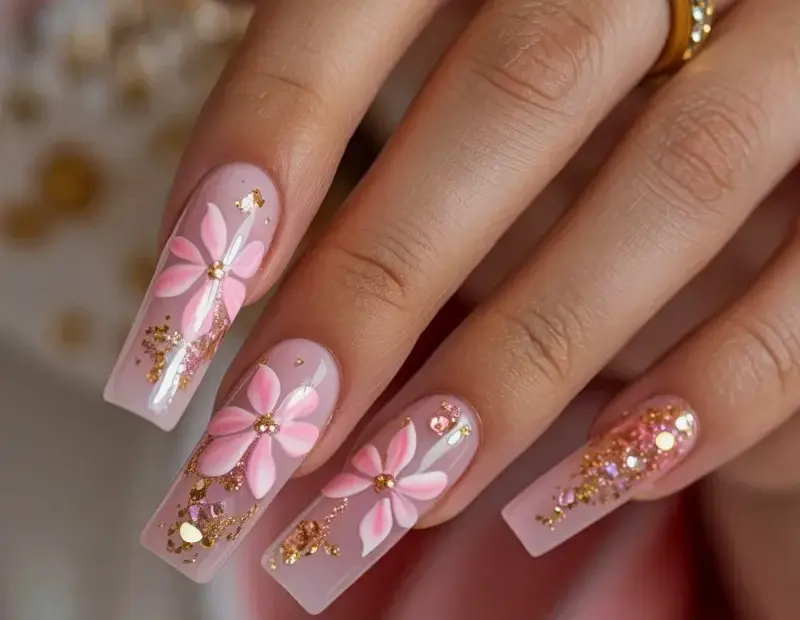 Coffin Acrylic Nails in Pink and Gold with Floral Design | Nail Inspo
