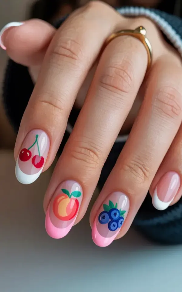 Fruit French Tip Nails for Summer | Cherry Peach Blueberry Acrylic Design