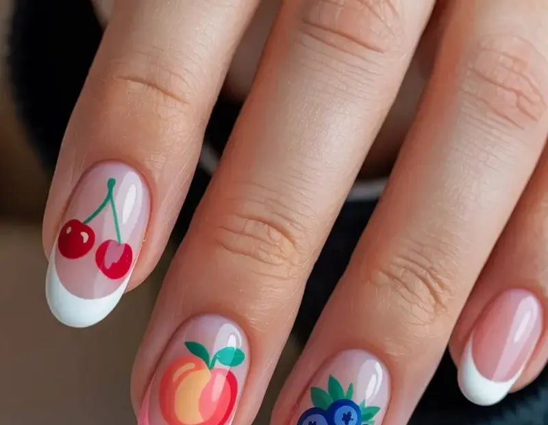 Fruit French Tip Nails for Summer | Cherry Peach Blueberry Acrylic Design