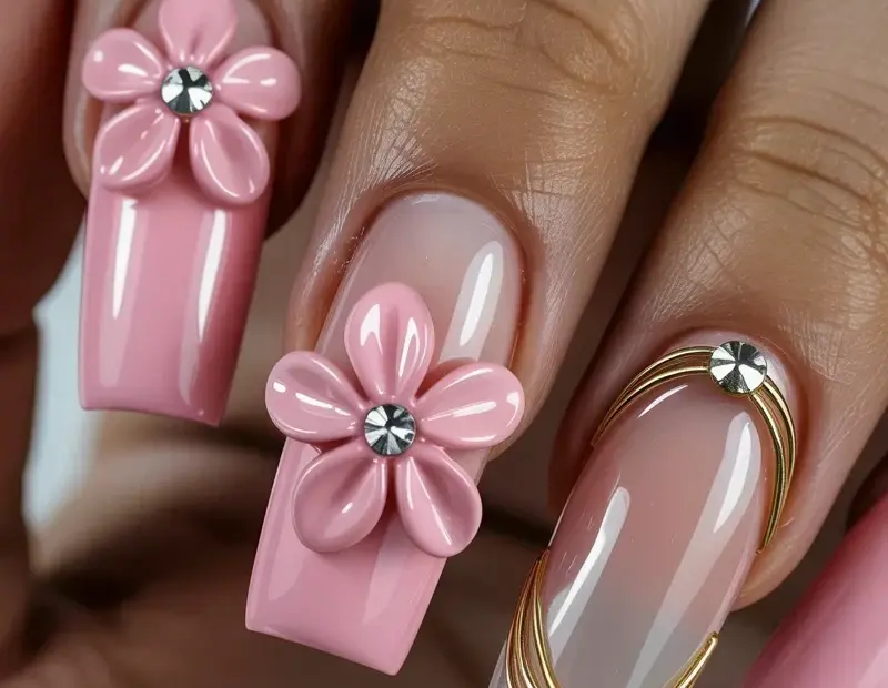 Pink Coffin Acrylic Nails With 3D Floral Rhinestone Art For Spring Weddings