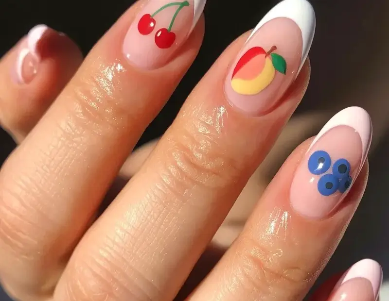 Fruit French Tip Nails for Summer - Cute Cherry Peach Blueberry Nail Art