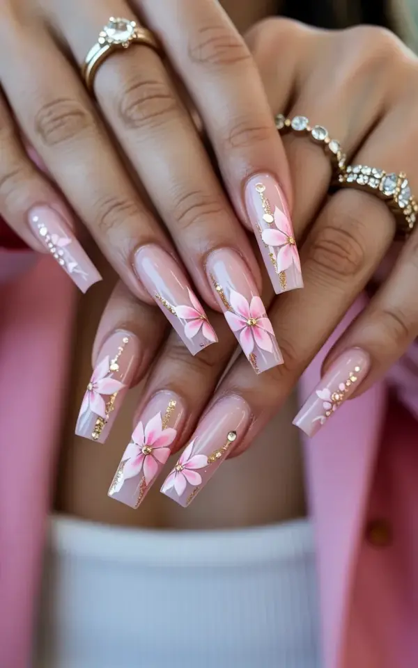 Pink and Gold Acrylic Nails with Flower Art | Coffin Nail Inspo