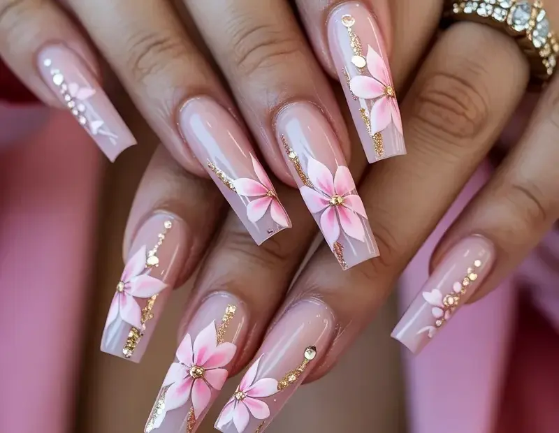 Pink and Gold Acrylic Nails with Flower Art | Coffin Nail Inspo