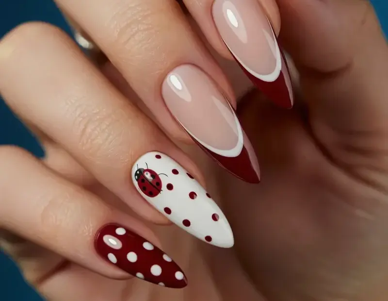 Cozy Fall Stiletto Nails: Burgundy Tips, White Dots & a Tiny Ladybug