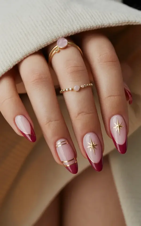 Stiletto French Manicure Mistake That Ruins the Look | Burgundy Gold Tips
