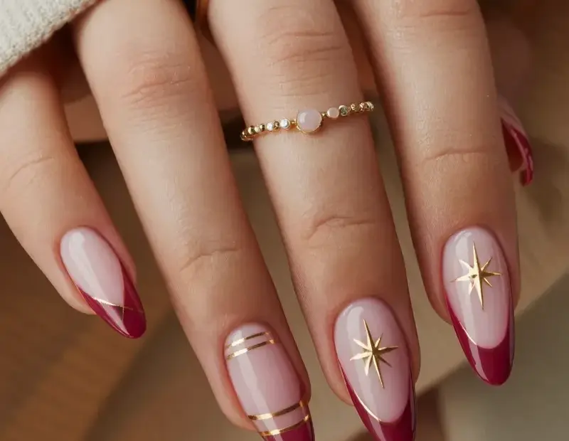 Stiletto French Manicure Mistake That Ruins the Look | Burgundy Gold Tips